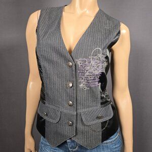 Y2K Vest Waistcoat Black Gray Pinstriped Size M Studded Chains Emo Grunge